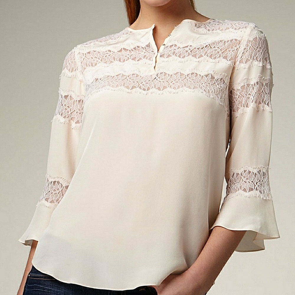 REBECCA TAYLOR Ivory Silk Blouse with Lace Panels and Flutter Cuffs